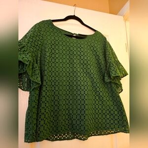 Hunter Green eyelet top with ruffle sleeves. From Lane Bryant.